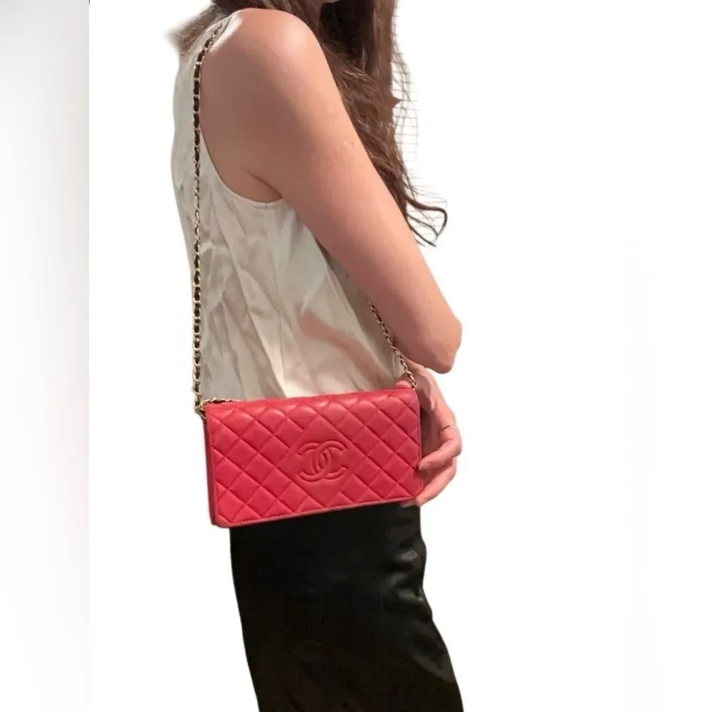 Chanel Red Leather Quilted Continental Wallet